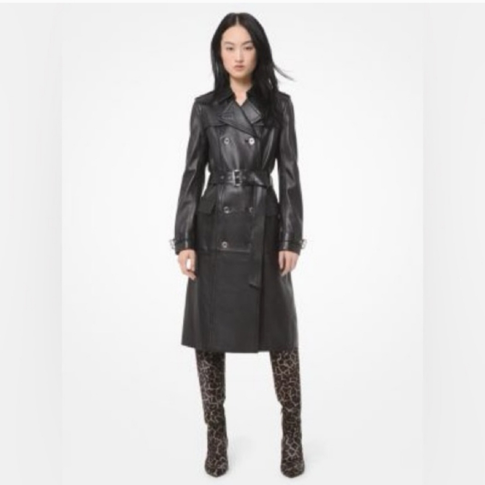 NWT Michael Kors Black Lambskin Leather Belted Trenchcoat- Size Medium